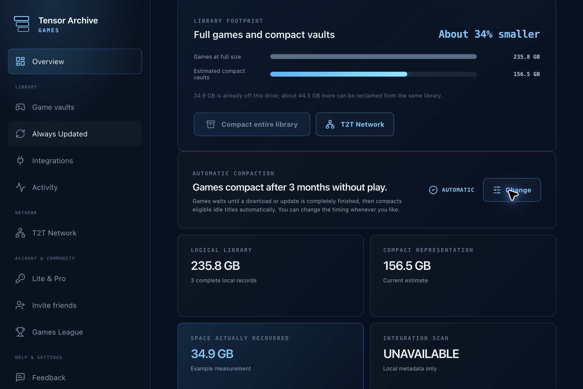 Interface do Tensor Archive Games com arquivos locais, compactação automática da biblioteca e controlos de restauro